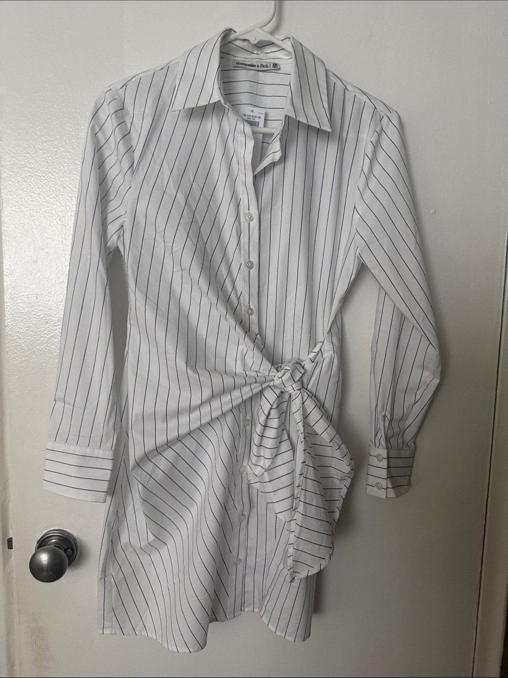 Abercrombie & Fitch White Pinstripe Tie-Waist Shirt Dress